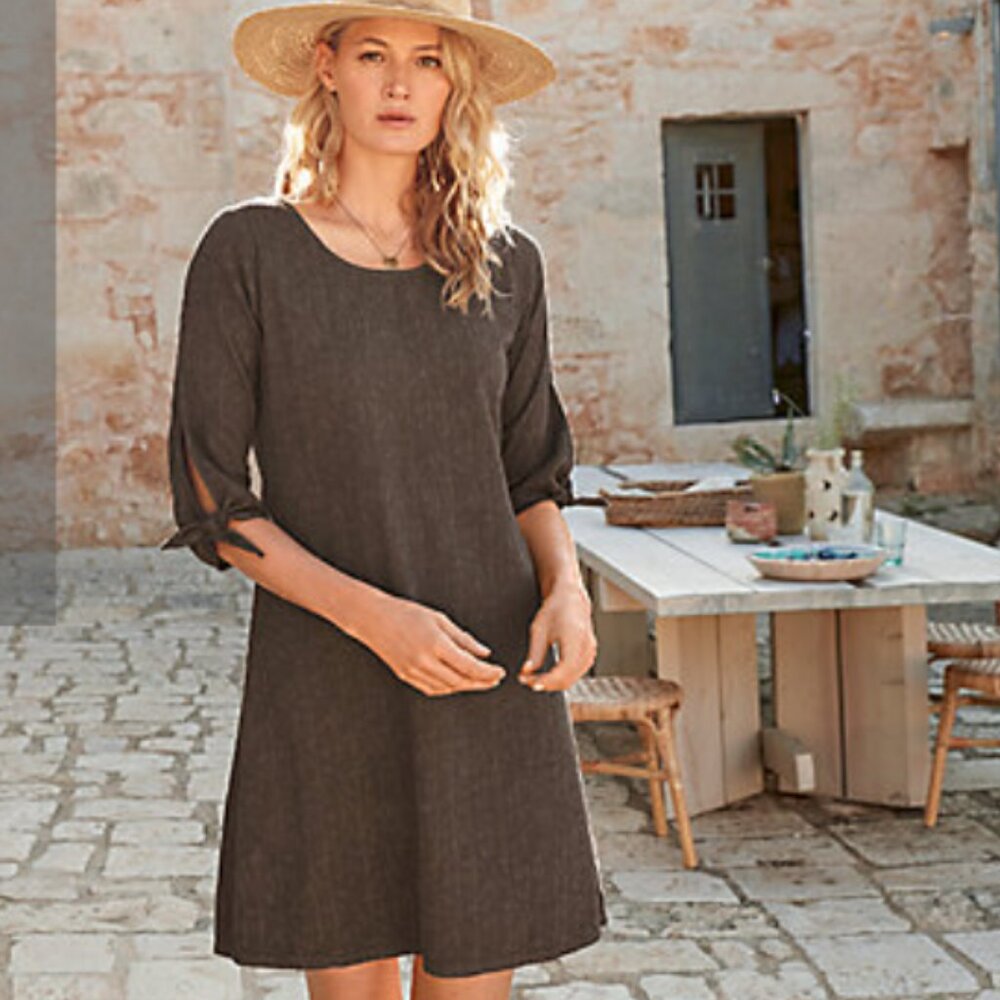Garnet Hill Dobby Dress tie sleeve taupe sz 10